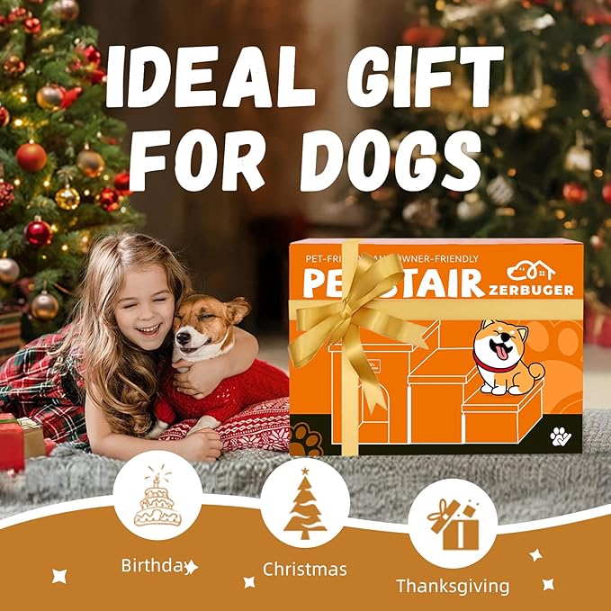 Dog Stairs with Condo 18" H, 3-Step Wider Dog Steps for High Beds Couch, Folding Storage Pet Stairs Gift for Small/Medium/Large Old Dogs Cats, Ramp for Climbing Car Up to 200 lbs, Beige