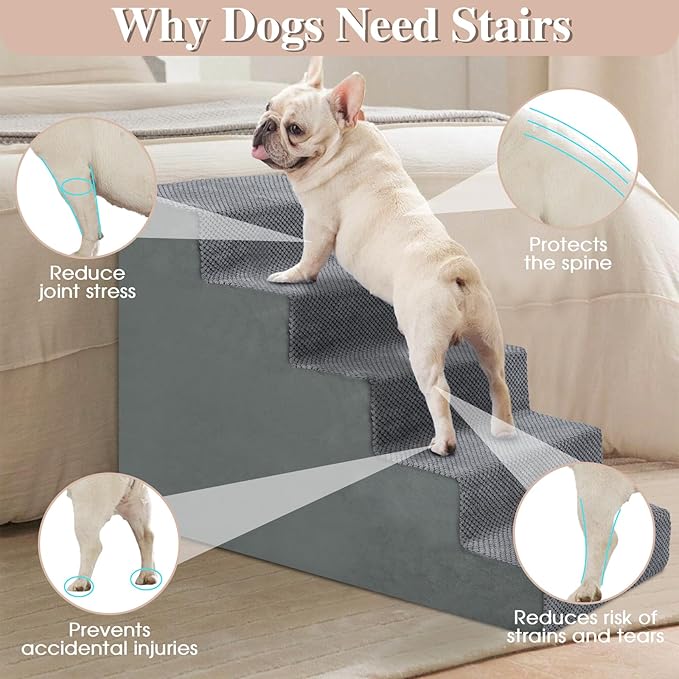 GGIB Dog Stairs for Small Dogs Cats Non-Slip Dog Steps for High Bed Pet Stairs for Sofa Couch Pet Ramp Pet Steps with Removable Washable Cover, Grey, 22" H, 5-Step
