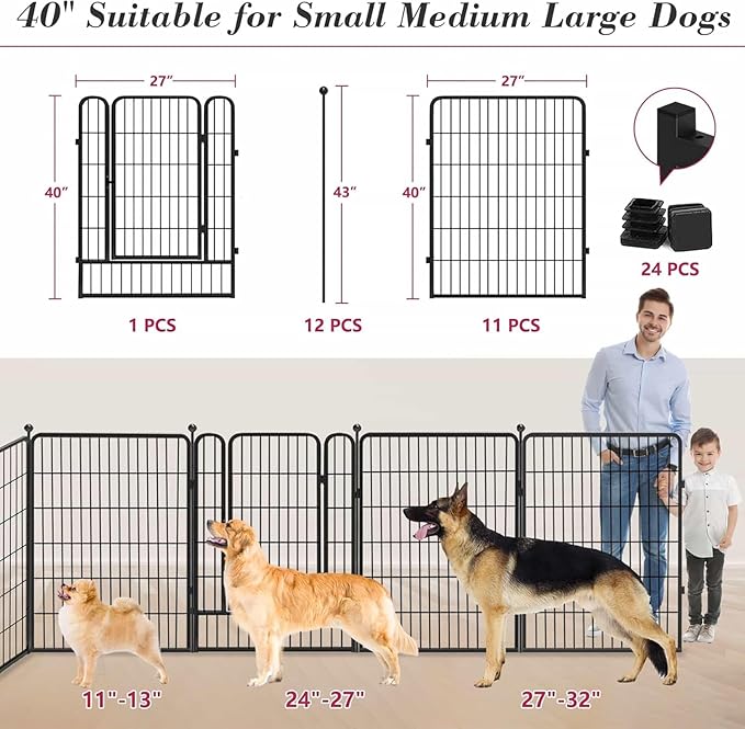 Dog Playpen Outdoor 40 inch 12 Panels Indoor Dog Pen for Large/Medium/Small Dogs Rustproof Metal Dog Fence Outdoor for Yard, Puppy Playpen with Door Portable Pet Fence for RV Camping Yard
