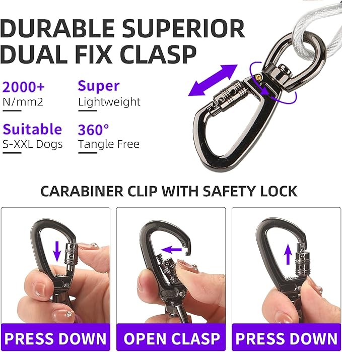 Dog tie Out Cable, 10/20/25/30/50/70/100 feet, Suitable for Dogs up to 350 pounds, Dog Cable with Swivel Buckle, Lightweight, Non-Winding, for Outdoor Camping, Yard Dog Cable (White, 70FT)