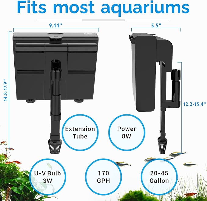 U-V Aquarium Filter for 20-50 Gallon Tank,Hang On Back Aquarium Filter Green Water Cleaning Machine,HOB Filter Ultra-Quiet Powerful Pump 170GPH for Fish Turtle Tank with Surface Skimmer