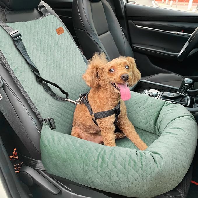 Dog Car Seat for Small Medium Dogs Up to 40lbs, Detachable Washable Soft Pet Booster Travel Bed for Front & Green Seat with Safety Leash Belt