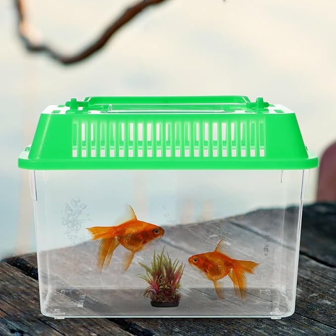 Portable Fish Tank Handheld Fish Tank,Plastic Mini Fish Box Transparent Cutout Design, Plastic Aquarium with Handle for Turtle and Pet Fish (Random Color Lid)