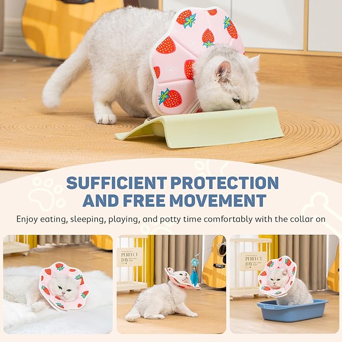 Avont Soft Cat Recovery Cone Collar, Adjustable Lightweight Kitten E-Collar for Small Dogs, Comfortable Neck Donut Stop Licking Scratching After Surgery -Strawberry(L)