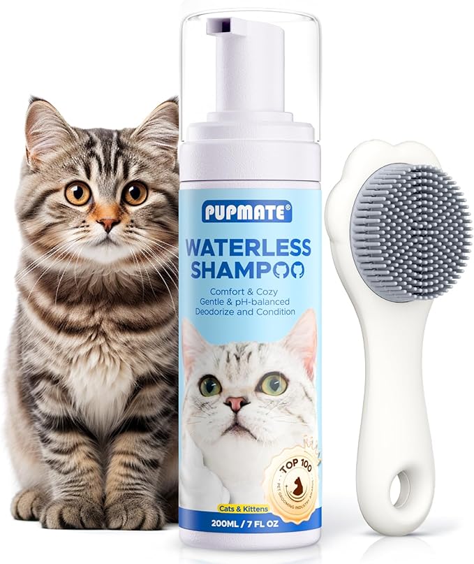 Cat Waterless Shampoo with Brush - No Rinse Formula for Quick Clean Between Baths, Hypoallergenic & Detangling, Reduce Itchy Skin Shedding & Odor Control,Vet-Recommended for Kittens/Senior Cats