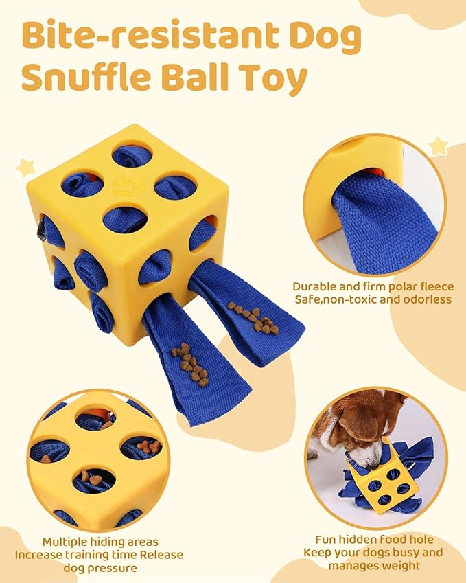 Interactive Puzzle Dog Toy Encourage Natural Foraging Skill, Durable Dog Enrichment Toy Snuffle Cube Cloth Strip with Hide & Seek Food, Slow Feeder for Mind Stimulate & Stress Relief (Yellow)