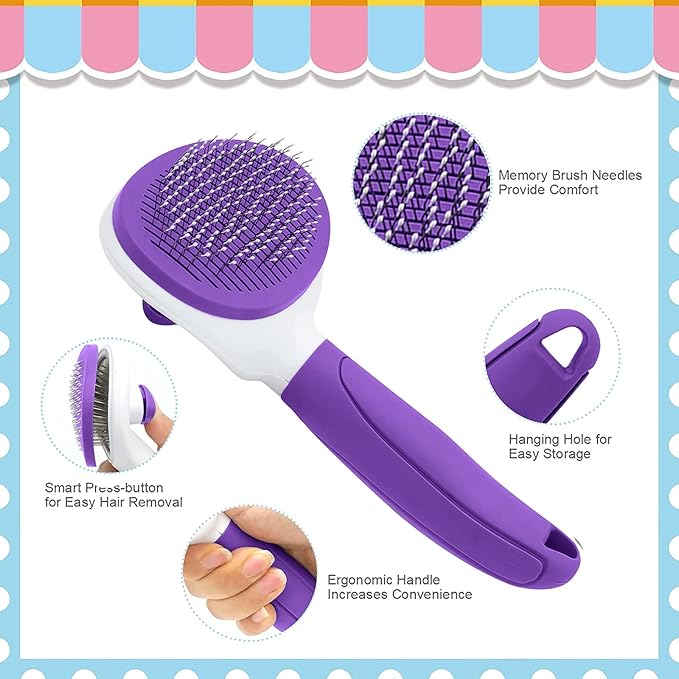 Cat Brush for Shedding, Cat Hair Brush with Release Button for Indoor Cats Dogs Self Cleaning Grooming(Purple)