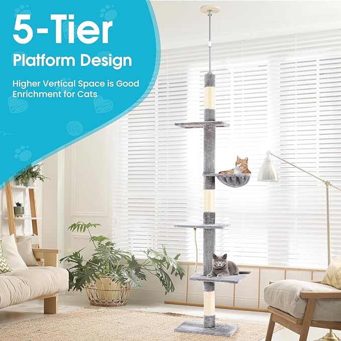 Cat Tree 5-Tier Floor to Ceiling, 89-109 Inch Adjustable Height Cat Tower with Cozy Hammock, Cat Climbing Tree for Indoor Cats, Gery