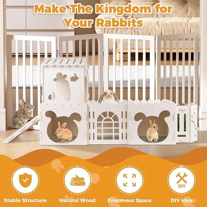 Extra Large Rabbit House, Wooden Bunny House Hideout with 4 Houses and Hay Feeder Indoor, Rabbit Guinea Pig Hideout Multistory Climbing Tower Sturdy Wooden Castle, Small Animal Hideaway Tunnel