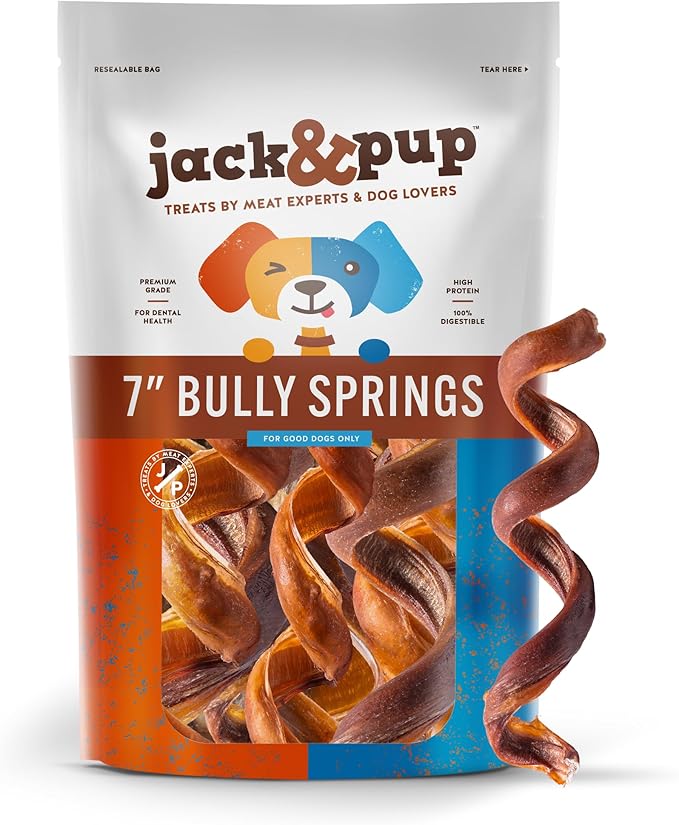 Jack&Pup Bully Springs for Dogs | 7" Spiral Bully Sticks for Dogs | Long Lasting, Stimulating, Odor Free Bully Sticks (8 Ct)