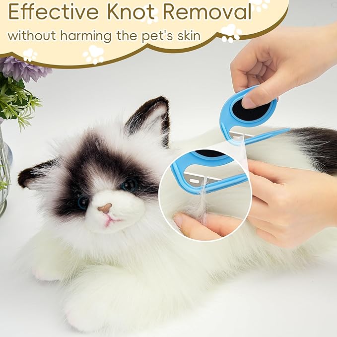 Upgraded Cat & Dog Knotting Comb + Grooming Kit – Hidden Blade Safe Tangle Remover, Non-Slip Handle, Includes 4 Knotting Combs & 1 Pet Grooming Brush