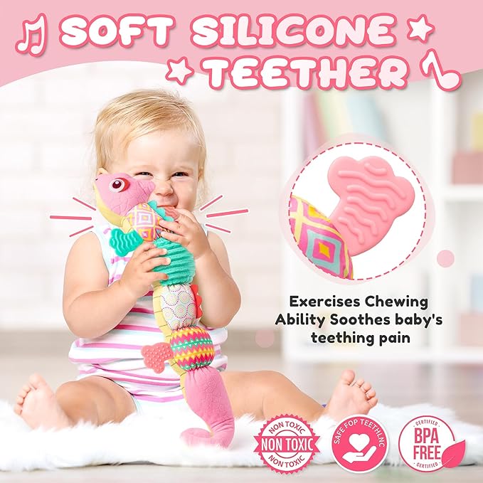 Baby Toys 0-6-12 Months, Musical Stuffed Animal Activity Soft Toys with Multi-Sensory Crinkle,Rattles and Textures,Infant Baby Girl Toys Gifts for Newborn Tummy Time,Dinosaur,Pink