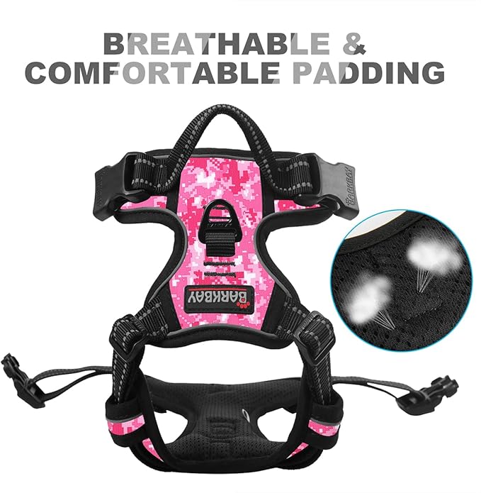 BARKBAY No Pull Dog Harness Front Clip Heavy Duty Reflective Easy Control Handle for Large Dog Walking(Pink camo,XL)