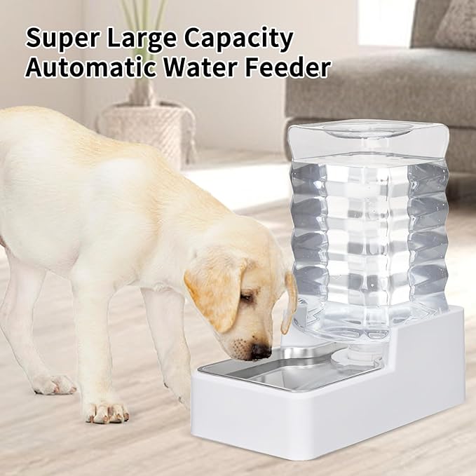 Automatic Dog and Cat Dispenser: 8L White Gravity Feeder with Stainless Steel Bowl - BPA-Free - No Spill Design for Cats and Dogs - Indoor and Outdoor Hydration
