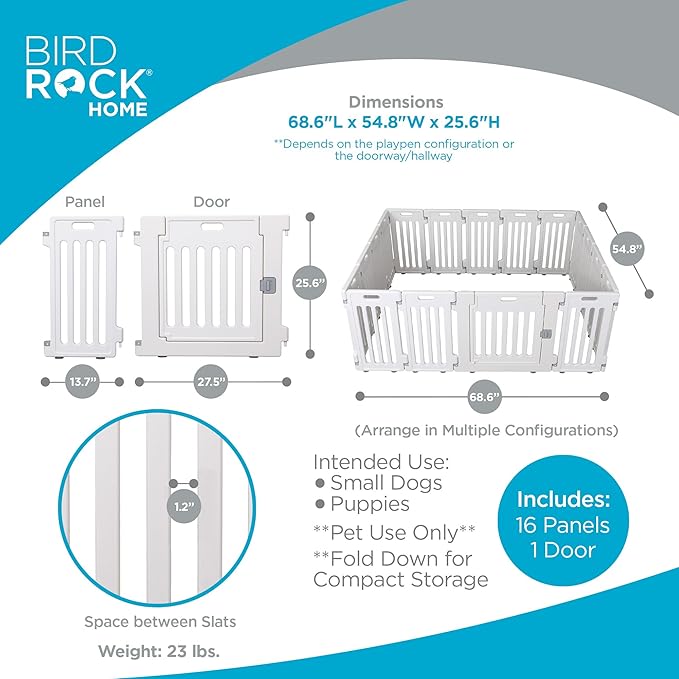 BIRDROCK HOME Dog Playpen w/Door, 16 Panel, 25.6in H | Strong Plastic, Non-Slip Puppy Playpen, Secure Pet Gate | Indoor Outdoor Fence | Configurable Panels | Medium to Large Pets - White