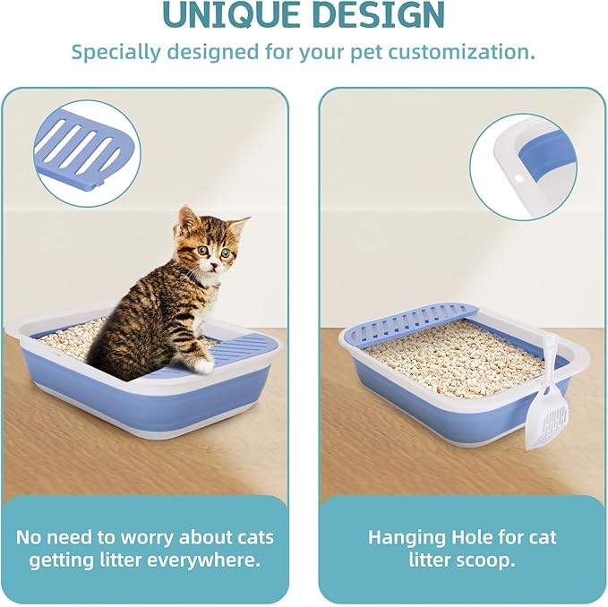 Collapsible Kitten Litter Box, ShineMe Open Top Small Cat Litter Box with Scoop and Litter Bag, Anti-Splash Waterproof Kitty Toilet Potty Pan for Sick Frail Cat 17" x 13.5", Blue