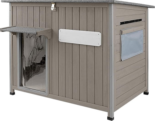 43.3" L Large Outdoor Dog House Weatherproof Doghouse for Medium to Large Dogs with Anti Bite Frames Wooden Dog Kennel with Window,8 Elevated Feet,Reinforced Bottom for Pet Up to 180 LBS