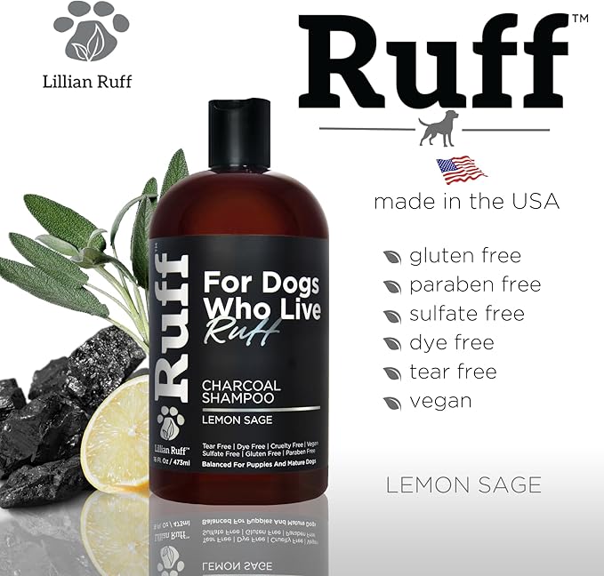 Ruff by Lillian Ruff Activated Charcoal Pet Shampoo – Deep Cleanser, Deodorizer, Stain Remover – Lemon Sage Scent, pH Balanced, Hydrate Dry Itchy Skin – Safe for Puppies & Mature Dogs