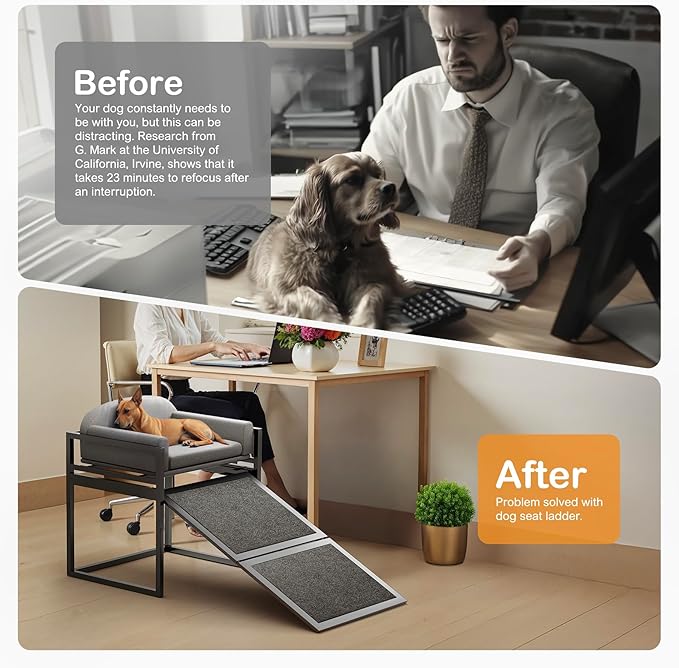 Dog Ramp Doggie Stairs with Seat Mate,Puppy Chair Get on High Bed Couch Office Window Perch,Non Slip Dachshunds Foldable Ladder,Pet Doggy Step for Small Old Dogs,Chihuahua Cat Platform Grey