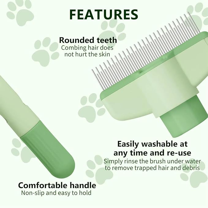 Self-Cleaning Cat & Dog Comb – 2-in-1 Pet Hair Removal with Stainless Steel Teeth, Easy Release Button, for Shedding, Detangling & Grooming