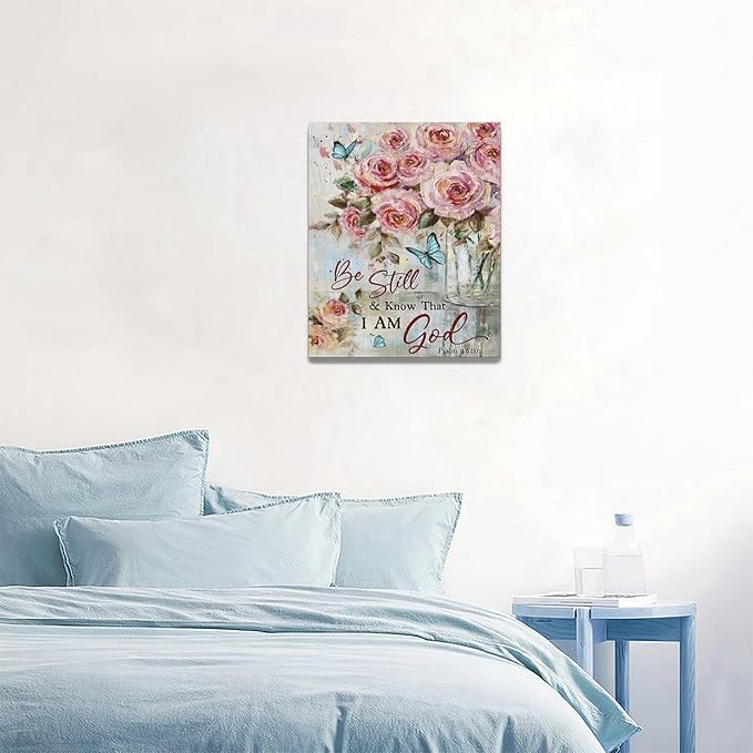 Farmhouse Rose Wall Art Christian Scripture Pictures Pink Rose Wall Decor Rustic Floral Butterfly Canvas Print Painting Artwork for Bathroom Living Room Bedroom 16"x20"