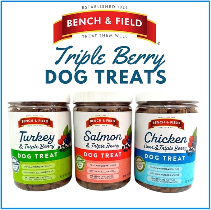 Bench & Field Holistic Natural Chicken Liver & Triple Berry Dog Treats | Crunchy Bone-Shaped Bites | Antioxidant Blend, 10-Ounce Bottle