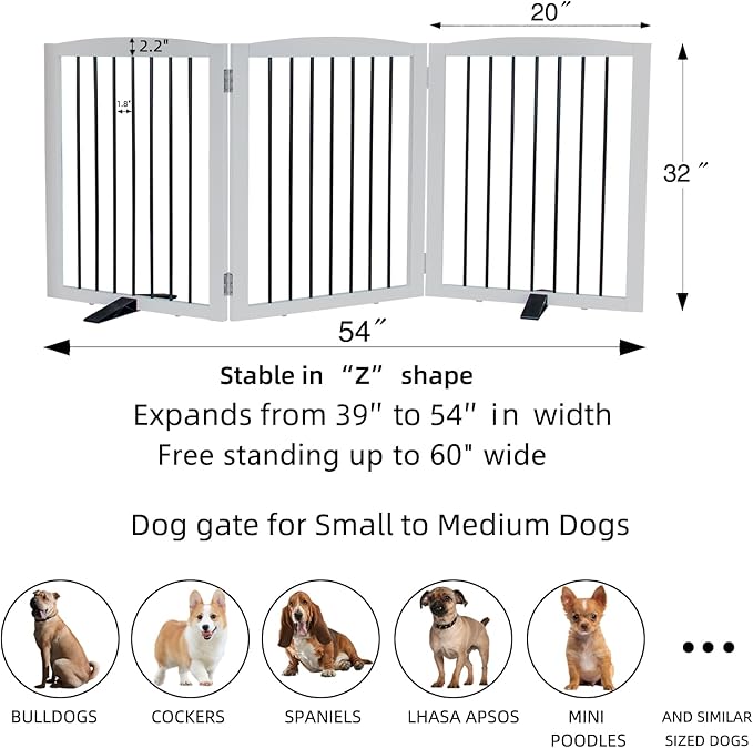 Foldable Wooden Freestanding Dog Gate - 32" H, 3 Panels, Stairs/Doorways, Support Feet Included, White