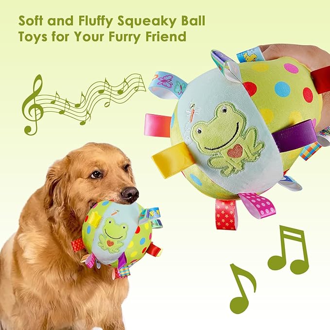 Dog Squeaky Plush Toy with Straps, 6-Inch Soft Stuffed Ball with Cotton Material and Bell Built-in, Pet Interactive Fetch Toy for Small to Large Dog