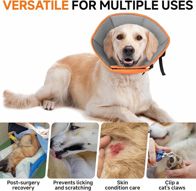 Dog Cone Collar M, Soft Cones for Large Medium Small Dogs,Adjustable Dog Cone Alternative to Stop Licking, Comfy Elizabethan Collar for After Surgery Wound Healing & Hot Spots Orange