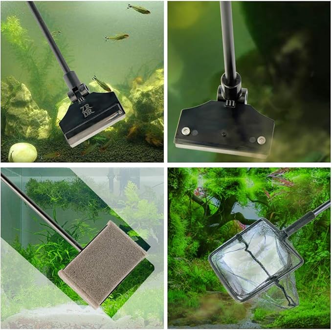 ZRDR Stainless Steel Algae Scraper Aquarium Cleaning Tool for Glass Aquariums, Including Algae Scraper, Sponge Pad, Fish Net, Cleaning Brush, Adjustable Length, Durable, Does Not Hurt The Fish Tank