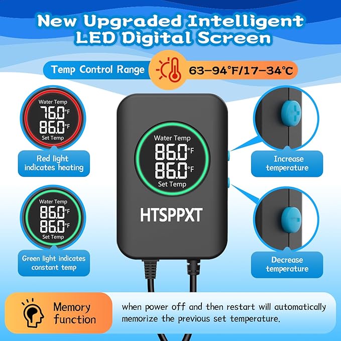 Aquarium Heater, 100W/200W/300W/500W Adjustable Fish Tank Heater with Intelligent Digital LED Controller, Overheating and Out of Water Protection for Freshwater and Saltwater Tanks