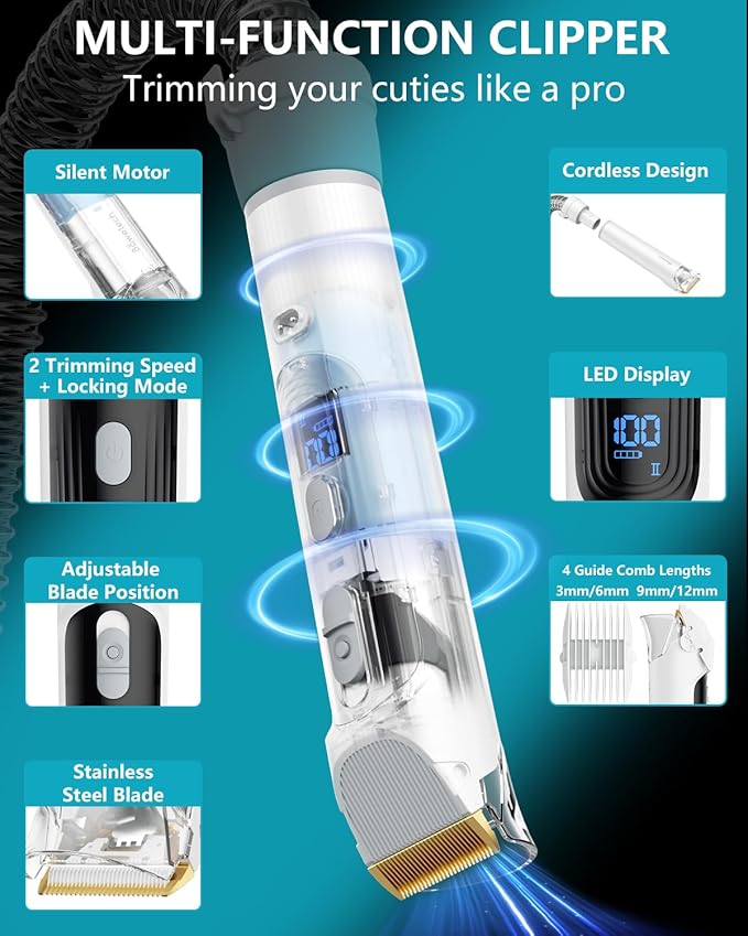 Dog Grooming Vacuum, Bawetech B2 5-in-1 Pet Grooming Kit with Dog Clipper, 11000Pa Suction | 2L Capacity | 113℉ Dryer | Low Noise Pet Hair Removal Tool Pet Supplies, 2025 Upgraded