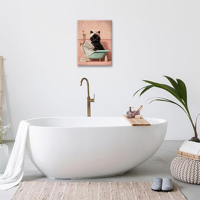 Cat Bathroom Wall Decor Black Cat Reading Newspaper in Bathtub Canvas Wall Art Funny Bathroom Pictures Kitten Painting Print Pink Artwork Framed Decorations Gifts 24"x20"