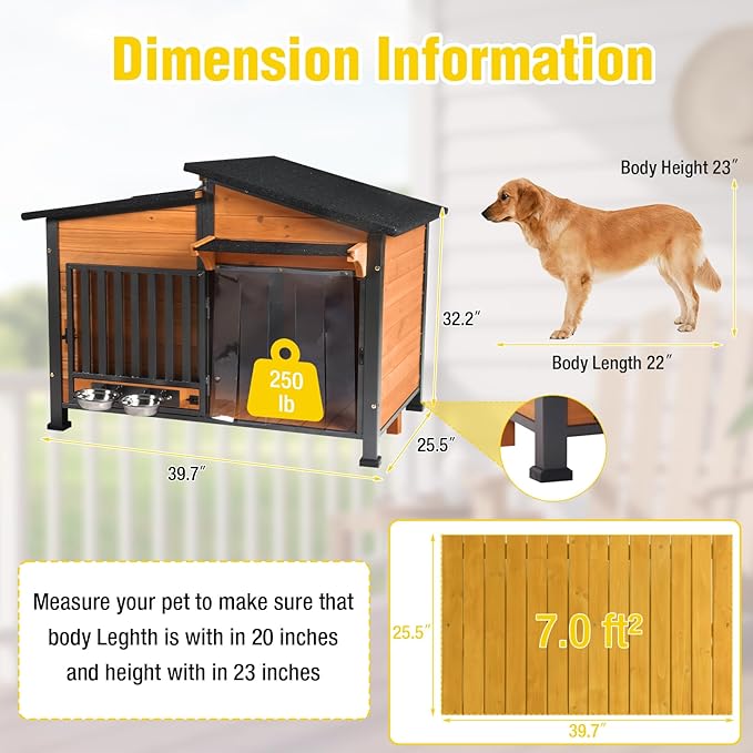 Chew-Resistant Dog House with Metal Frame, Wooden Kennel for Indoor & Outdoor Use, Waterproof Roof & Feeding Bowls Included (Wood, L)