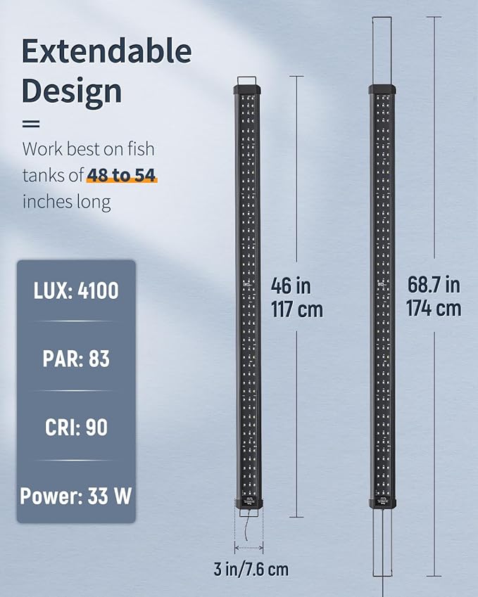 Pawfly 33W Aquarium LED Light for 48 to 54 Inch Fish Tanks Extendable Fish Tank Light with Full Spectrum Brilliant White Blue Red Lights with Daytime & Night Modes and Adjustable Brightness
