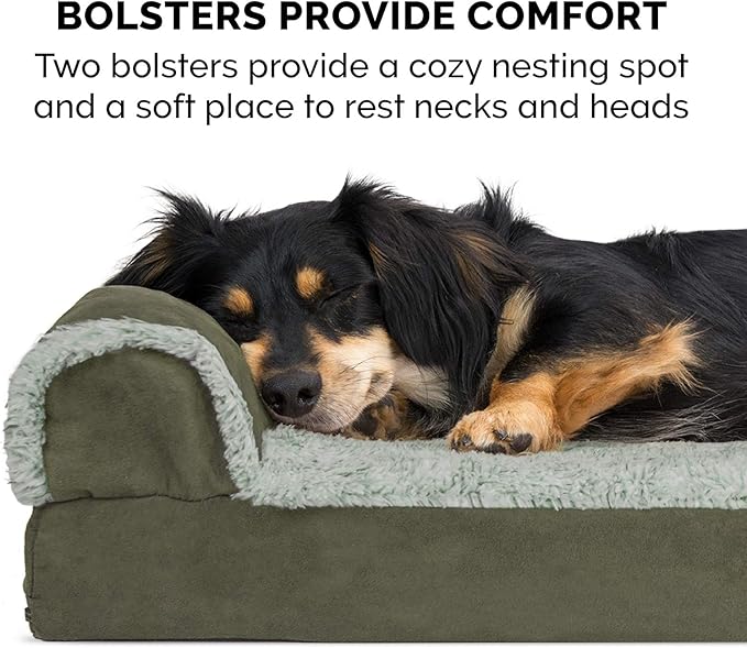 Furhaven Cooling Gel Dog Bed for Medium/Small Dogs w/ Removable Bolsters & Washable Cover, For Dogs Up to 35 lbs - Two-Tone Plush Faux Fur & Suede L Shaped Chaise - Dark Sage, Medium
