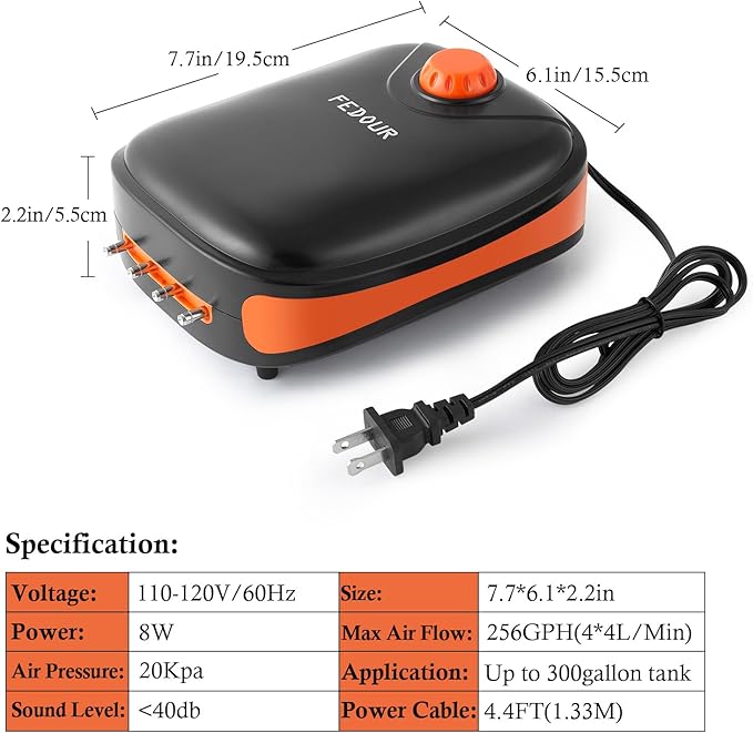 FEDOUR 4W/5W/8W Aquarium Corded Electric Air Pump, 96GPH/160GPH/256GPH Dual Outlets 4 Outlets Oxygen Pump, Ultra Quiet Aquarium Bubbler for up to 300 Gallon Fish and Turtle Tank