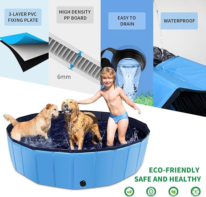 Foldable Dog Pool, 47" x 12" Kiddie Pool with Hard Plastic, Non-Slip Dog Bath Tub for Outdoor Backyard, Collapsible Dog Swimming Pool for Kids Dogs Pets (Blue)