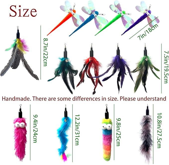 Cat Worm & Dragonfly Teaser Wand Attachments - 13 Pcs Assorted Refills with Bell