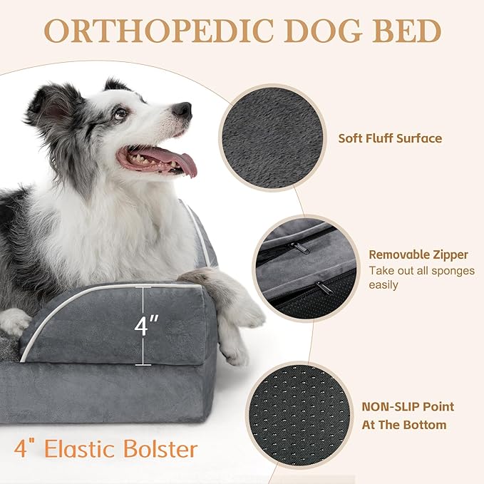 Comfort Expression Large Dog Beds Waterproof Orthopedic Foam Dog Sofa Beds Comfy Pet Bed with Washable Removable Cover & Non-Slip Bottom(Large,Dark Grey)