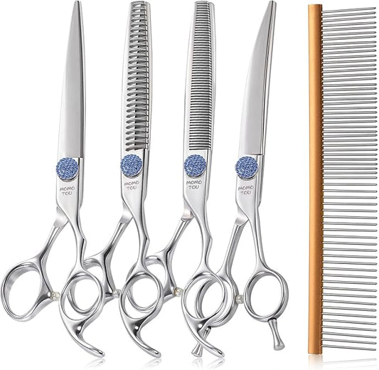 7'' Dog Grooming Scissors Set with Blue Diamond Adjustable Screws CNC 440C Stainless Steel Thinner Chunker Straight Curved Shears with Comb Sharp and Durable