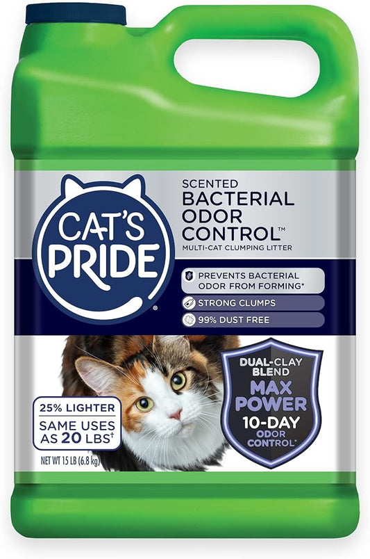 Cat's Pride Max Power: Bacterial Odor Control - Up to 10 Days of Powerful Odor Control - Strong Clumping - 99% Dust Free - Multi-Cat Litter, Fresh Scented, 15 Pounds