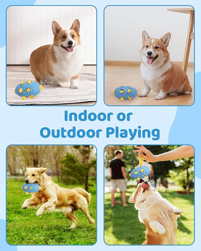 Interactive Dog Toy with Natural Rubber Soccer Design, Dental Care, Pet Energy Relief Brain Teaser Toy, Activity Training Foraging Toy, Mentally Stimulating Slow Feeder Dog Treat Dispenser Blue