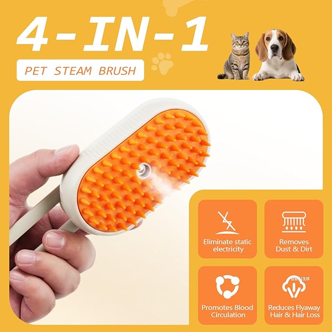 Cat Steam Brush for Shedding, 4 in 1 Rechargeable Pet Steam Brush Set for Dogs & Cats, Pet Spray Hair Removal Comb with Waterless Shampoo, Anti-Static, Massage, Cleaning & Combing All in One