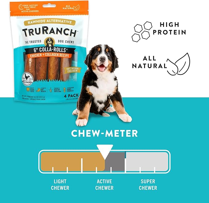 Collagen Rolls - 6" Collagen Rolls for Dogs - Long Lasting Healthy Joint Support - Rawhide Alternative - Skin & Coat Health - Made with Real Chicken, Value Pack, 3 Bags, 12 Count