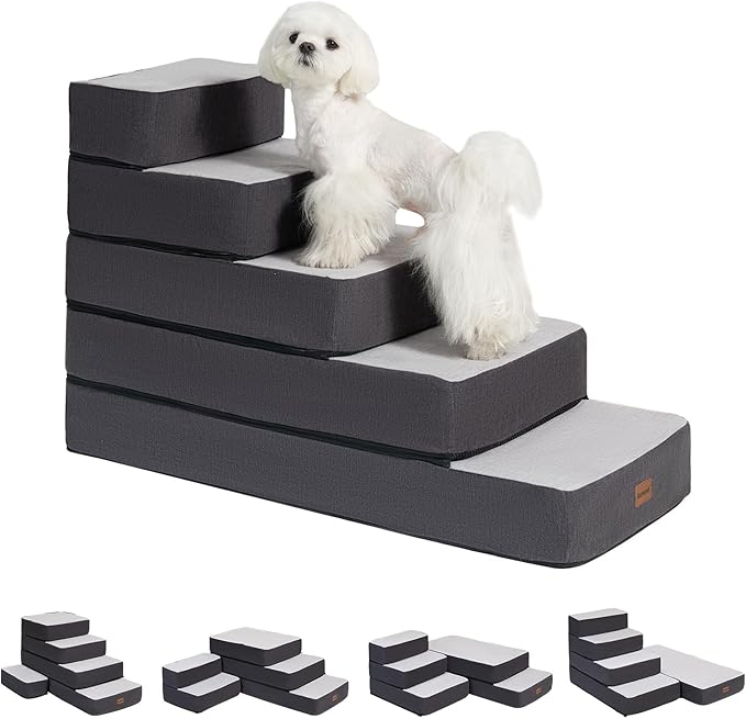 5-Step Adjustable Dog Stairs for High Beds, Dog Steps for Small Dogs and Cats, Foldable Pet Stairs for Bed Climbing, Non-Slip Pet Step Indoor, Grey