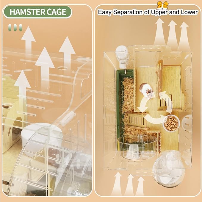 8 in 1 Clear Acrylic Hamster Cage with All Accessories,13.5''L* 10''W* 13''H Dwarf Hamster Cage,Small Hamster Habitat,Garden Style Mouse Cage for Pet Mice,Hamster Enclosure with Stairs(1-Layer)