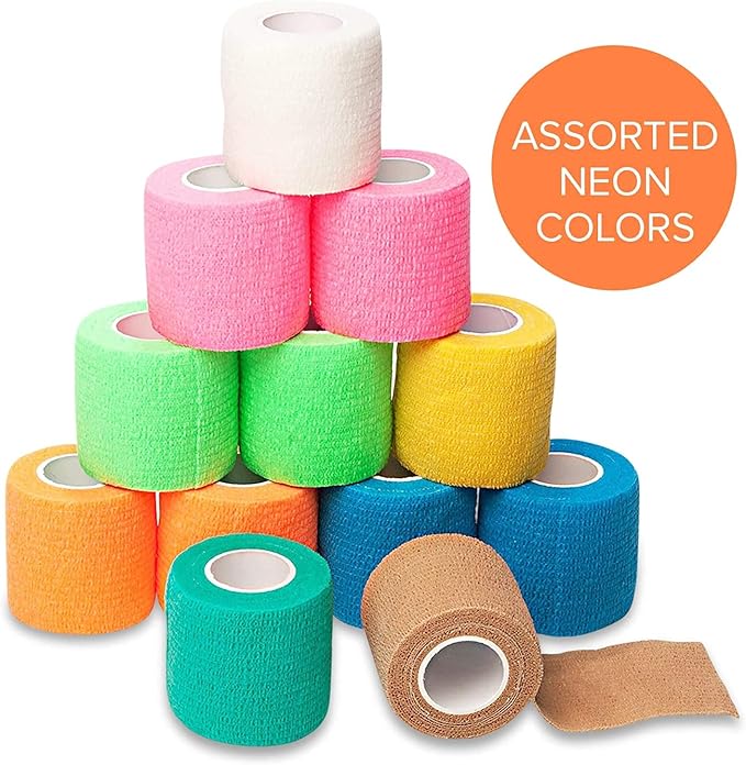 California Basics, Self Adhesive Bandage Wrap, 2 Inch by 5 Yards Non Woven Cohesive Bandage Rolls, 24 Pack, Vet/Stretch Wrap, Multi Colored Neon Medical Athletic Tape for Wrist, Waterproof