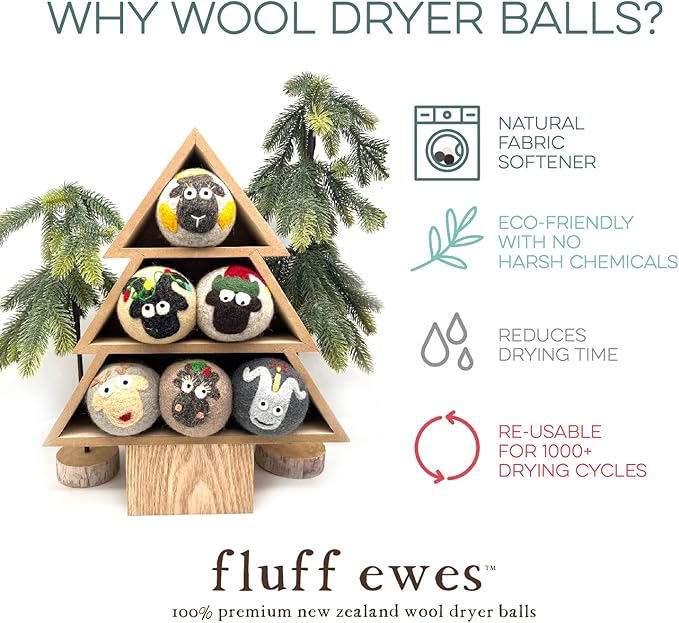 Fluff Ewes Wool Dryer Balls 6 Pack Premium New Zealand Wool Laundry Balls for Dryer, No Static Dryer Balls Laundry Reusable, XL Christmas Dryer Balls, Holiday Dryer Balls - Sheep in Heavenly Peace