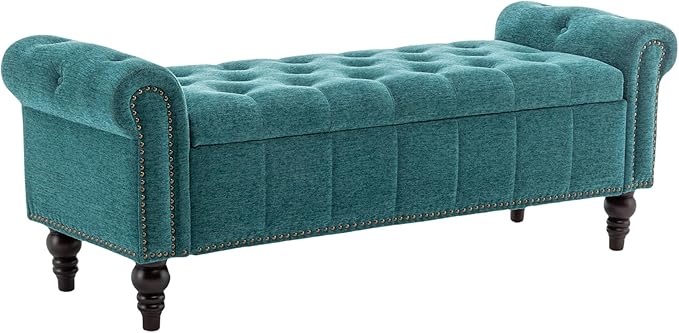58’’ Storage Bench for Bedroom, Upholstered Button-Tufted Ottoman with Solid Wood Legs, Queen Size End of Bed Shoe Cabinet, Window Seat Foot Rest Stool for Entryway, Living Room (Teal)